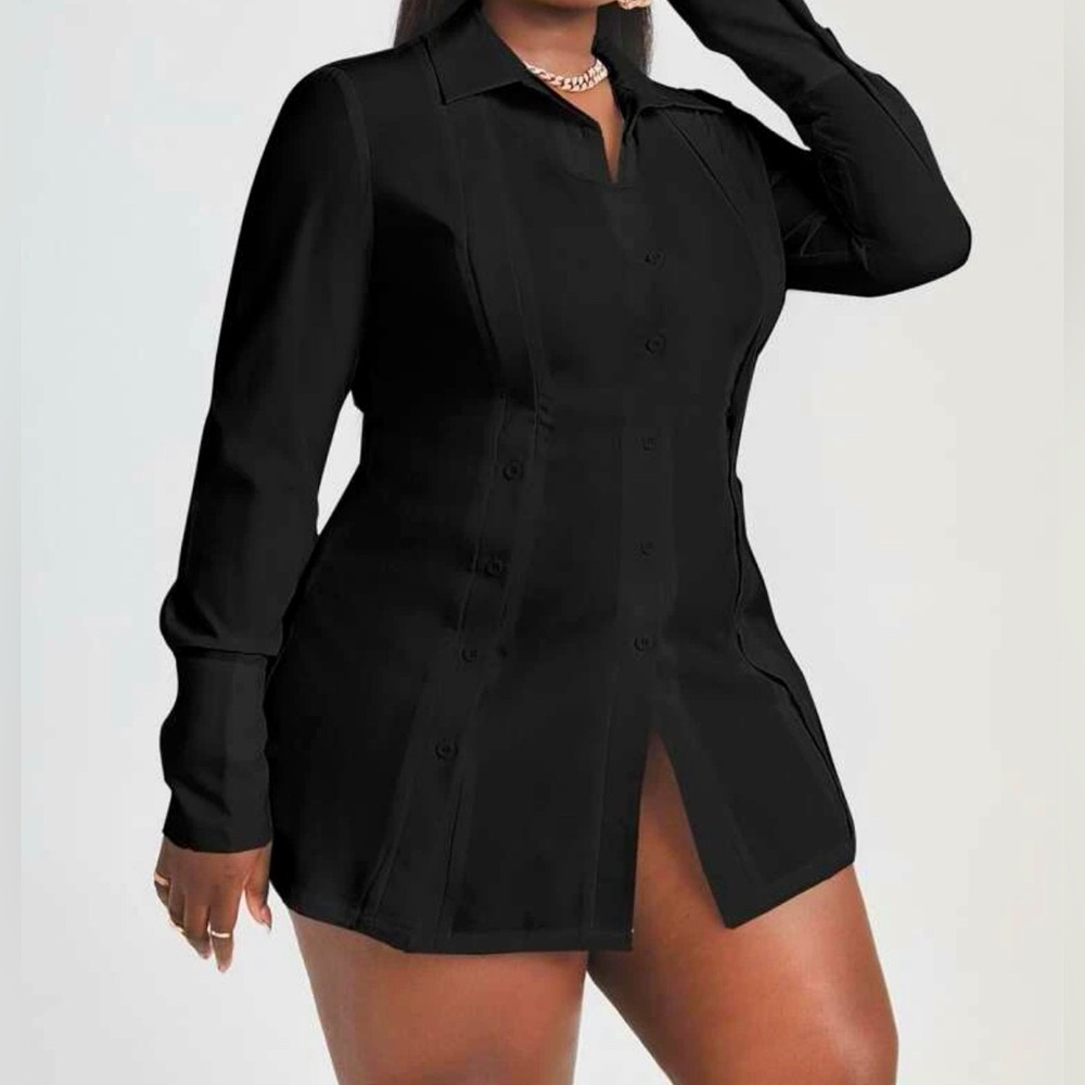 Sleek Black Button-Up Shirt Dress - Never Worn